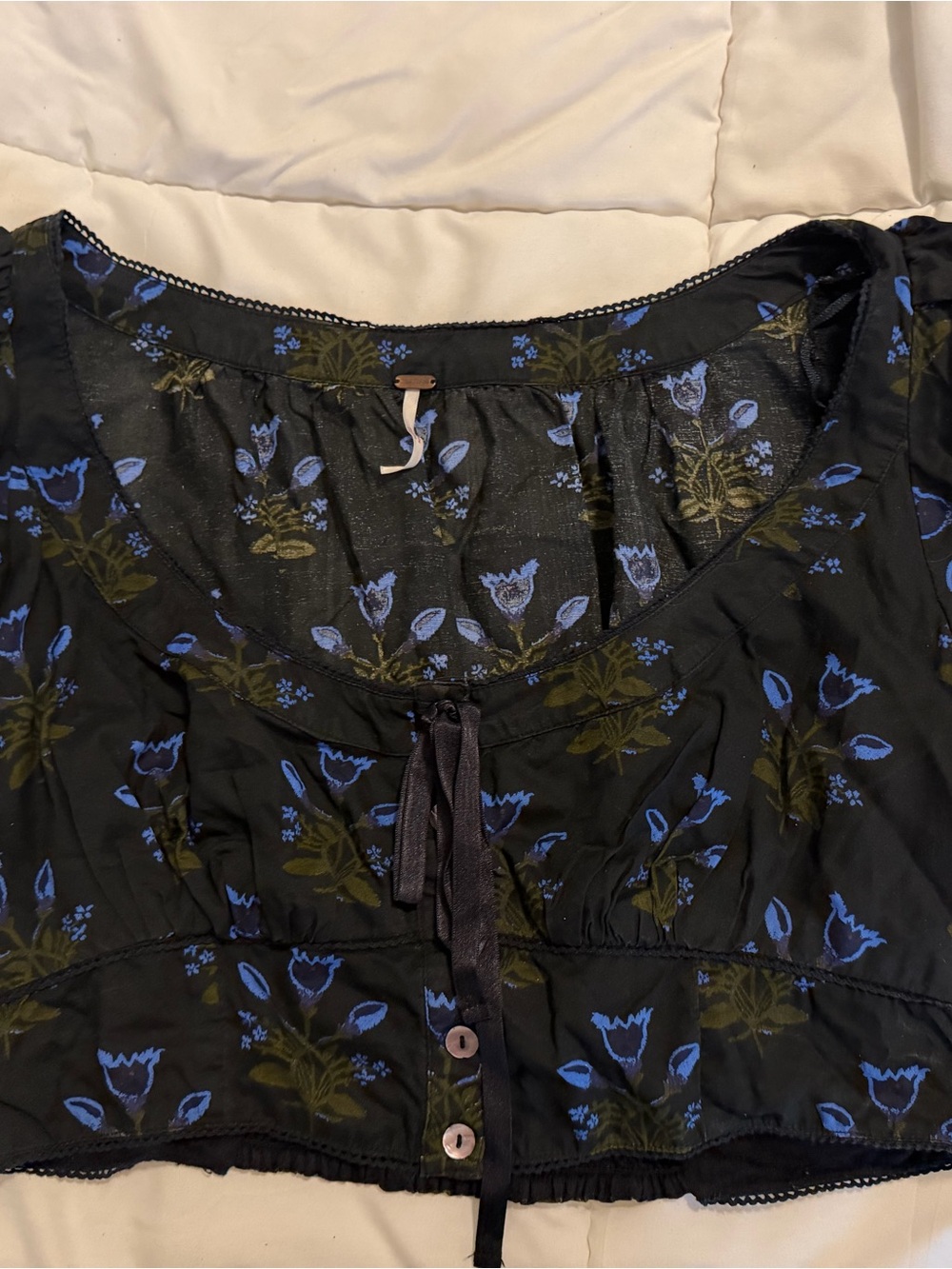 Free People Easy to Love Black Floral Crop Top with Blue & Olive Print